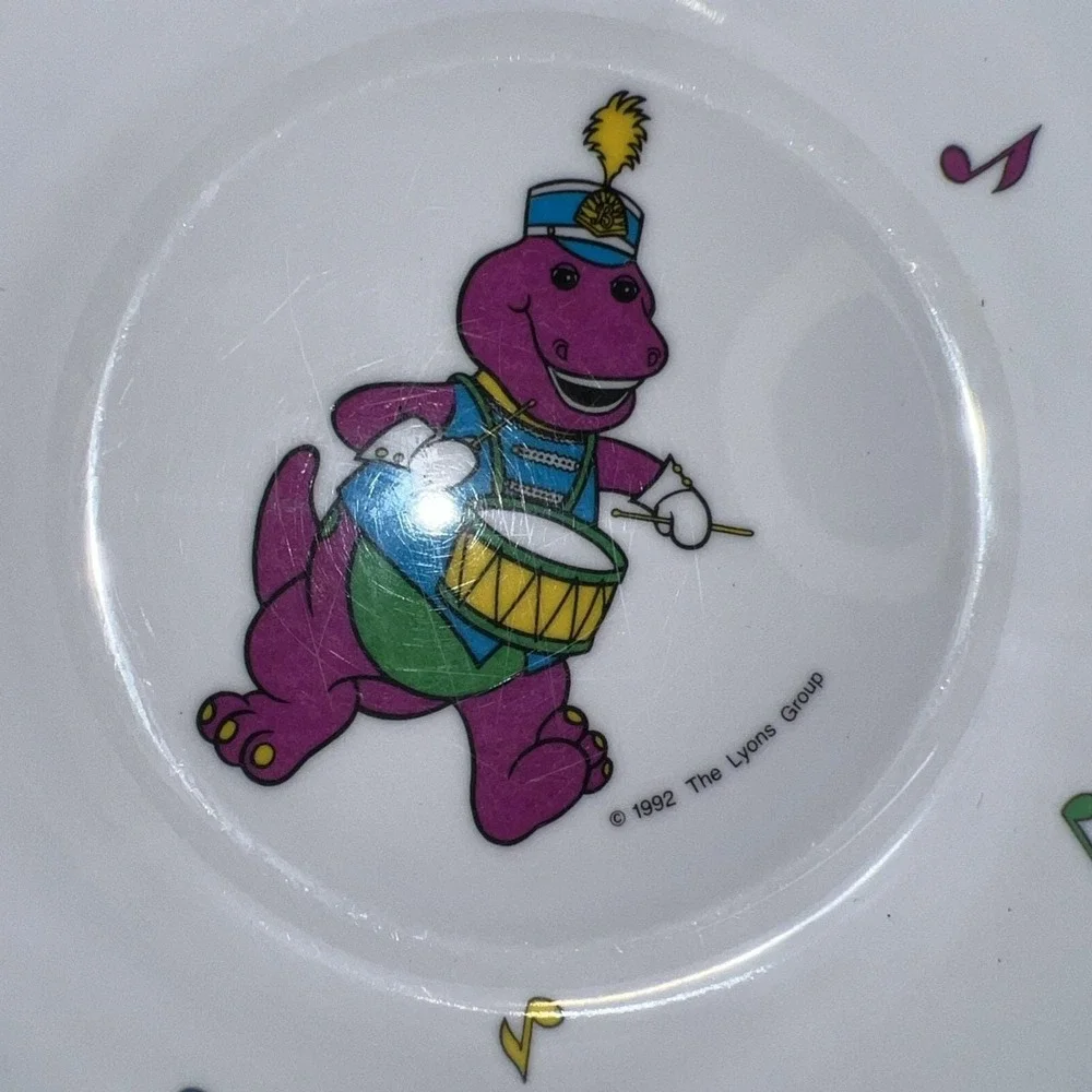Vtg 1992 Melamine 4 Piece Barney Purple Dinosaur Toddler Child Plate Bowl Set